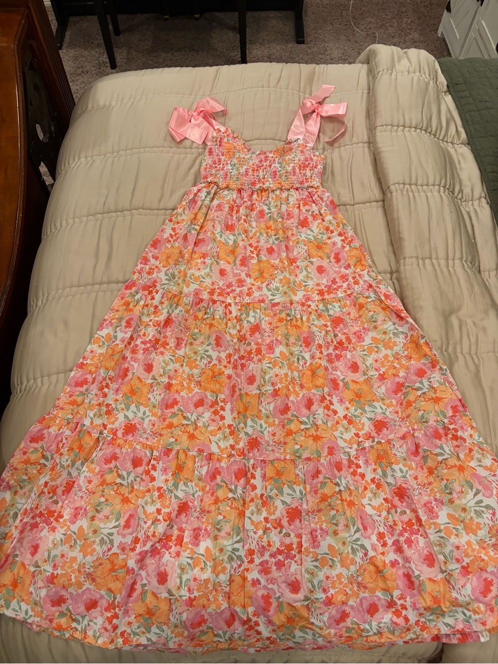 Altar'd State Pink and Orange Floral Tiered Midi Dress